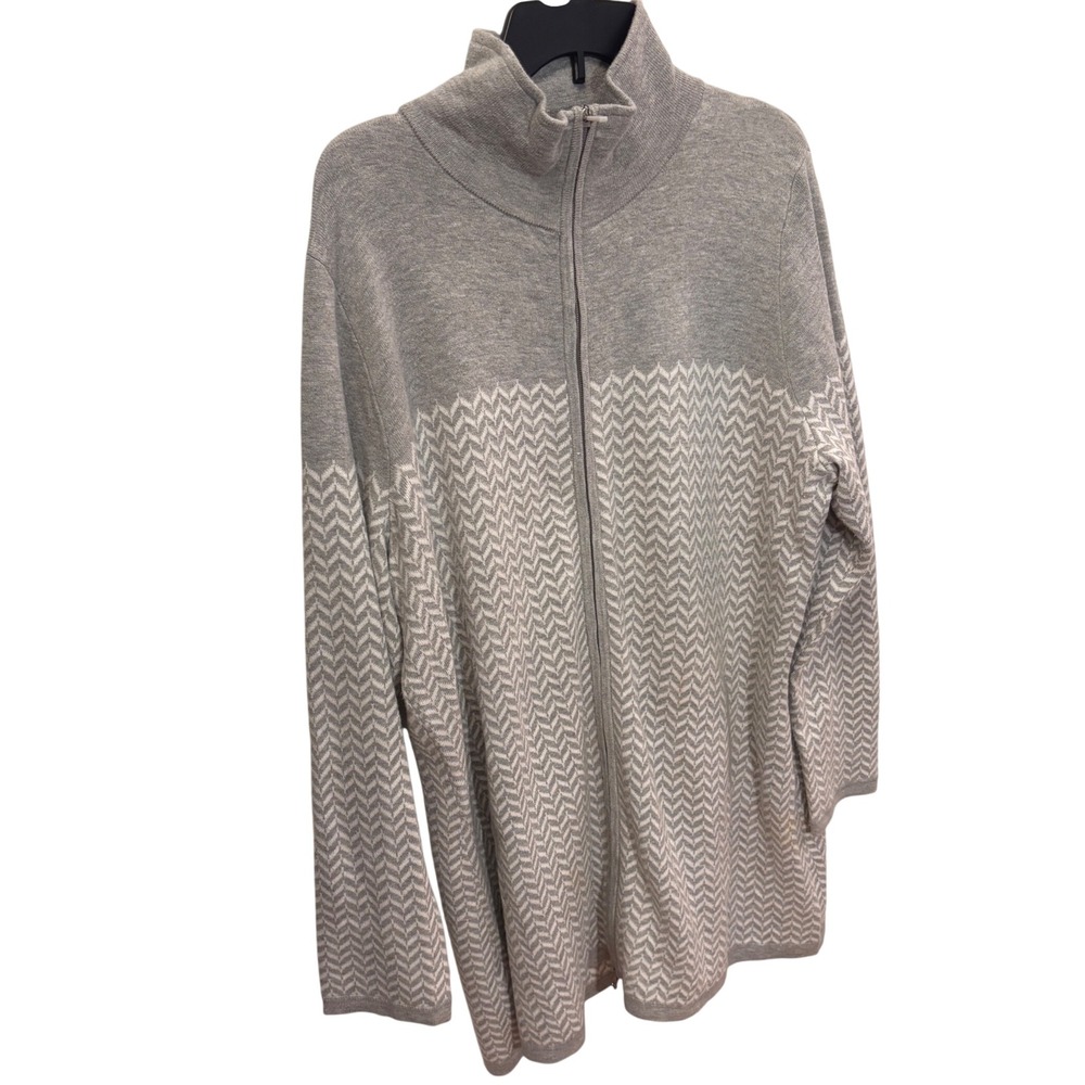 Aspen Women Grey White Chevron Knit Zip Up Mock Neck Sweater Jacket Plus 1X